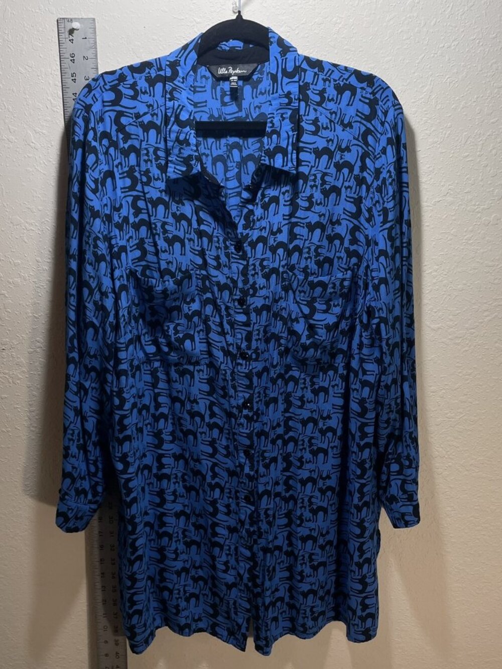 Ulla Popken Halloween Cat Black Cats Shirt Blue Button Up LongSleeve- Plus 20/22